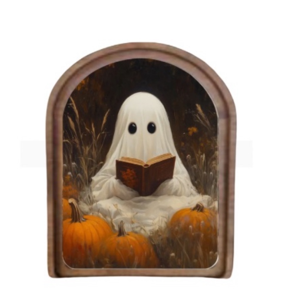 Halloween Decor Wooden Art or Table Decor Ghost Reading New Handmade